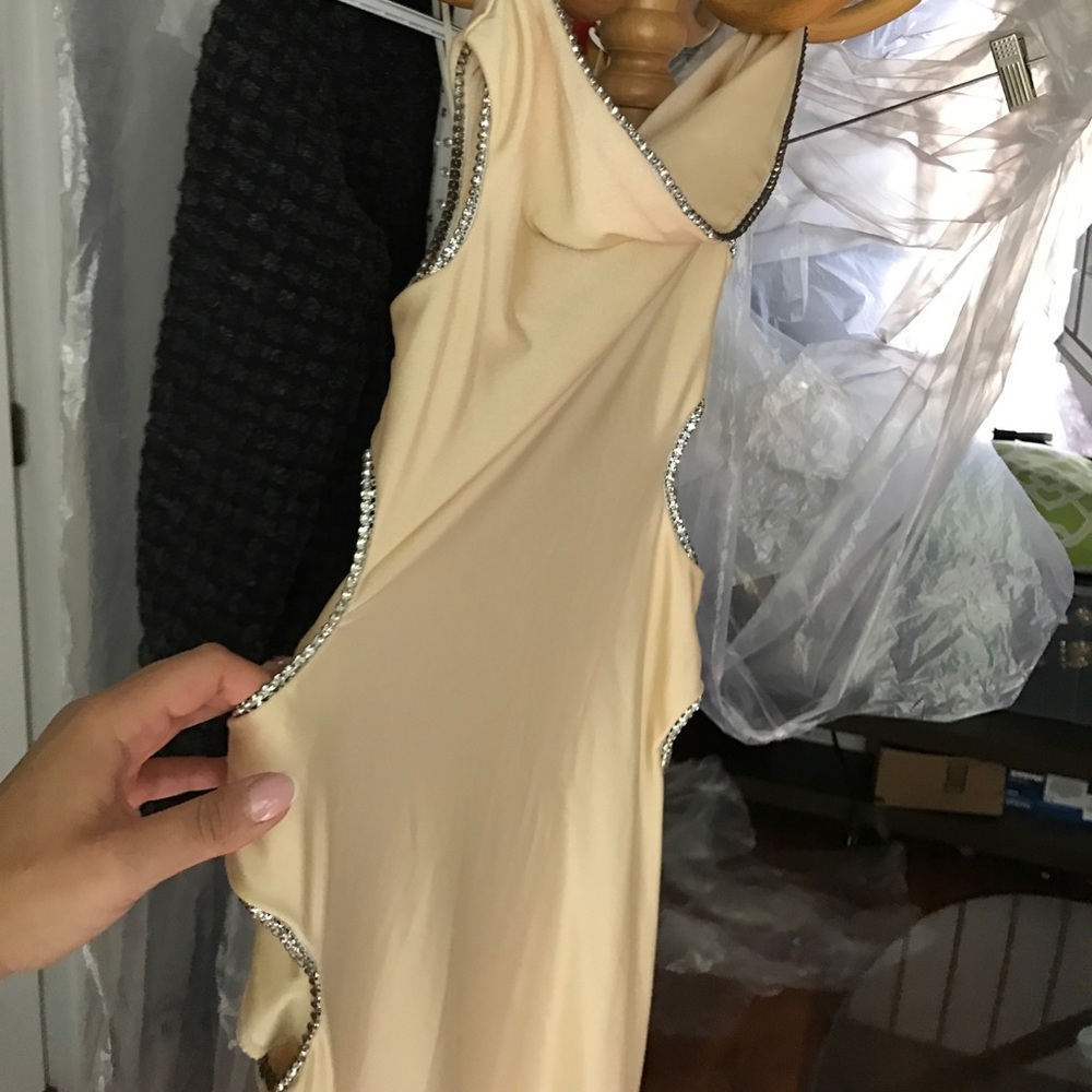 Never worn sexy strapless rhinestone gown. S