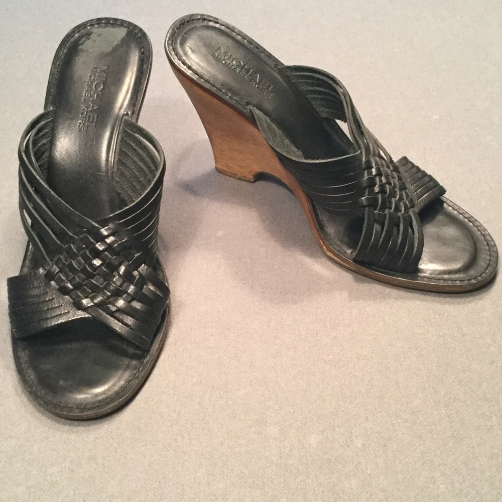 Michael Kors black leather wood wedge sandals