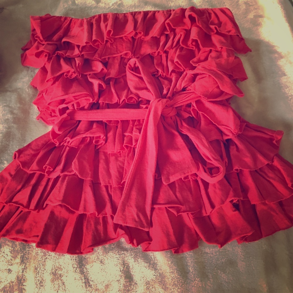 Pink strapless ruffled top