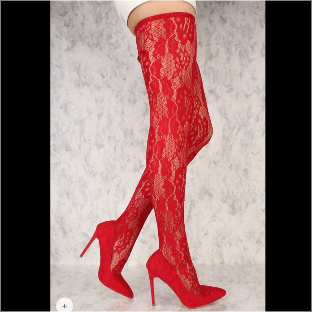 BNIB Red floral lace pointy toe thigh high heels