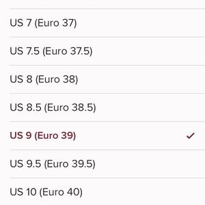 Listing of what sizing shows when you list a "39"