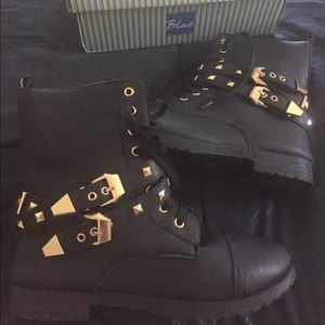 Faux black and gold combat boots size 10