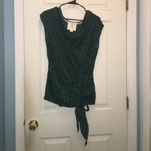 Green and white polkadot silk top