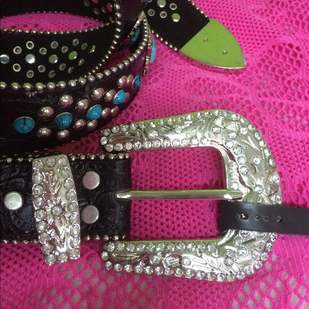 Rhinestone Turquoise Black Western Belt - Picture 3 of 8