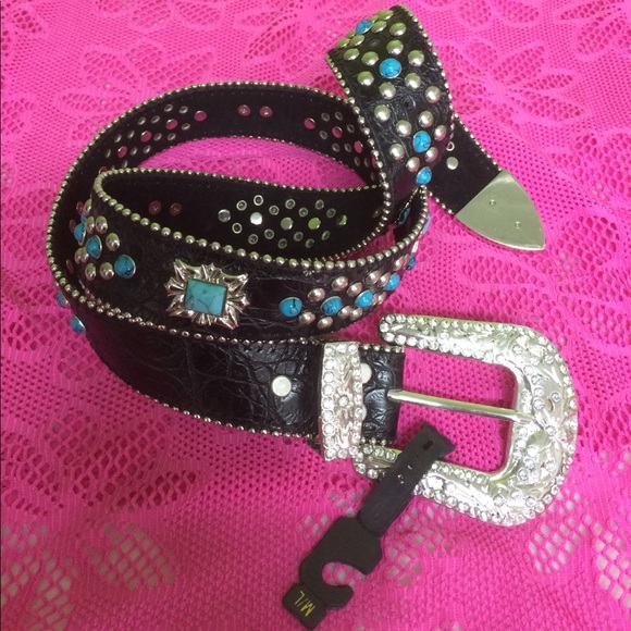 Rhinestone Turquoise Black Western Belt - Picture 2 of 8