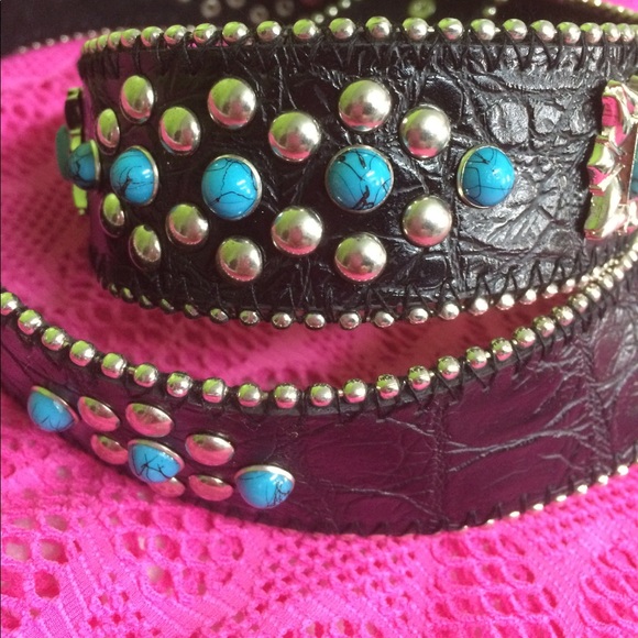 Rhinestone Turquoise Black Western Belt - Picture 4 of 8