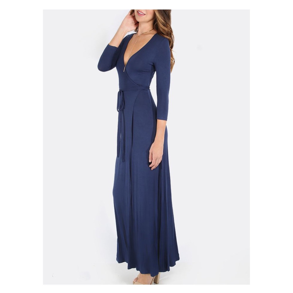 ❗️Blue V Neck Wrap Maxi Dress Side Split - Picture 3 of 7