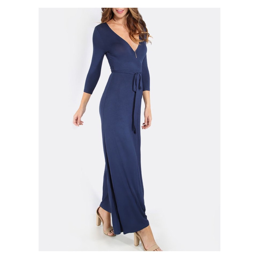 ❗️Blue V Neck Wrap Maxi Dress Side Split - Picture 4 of 7