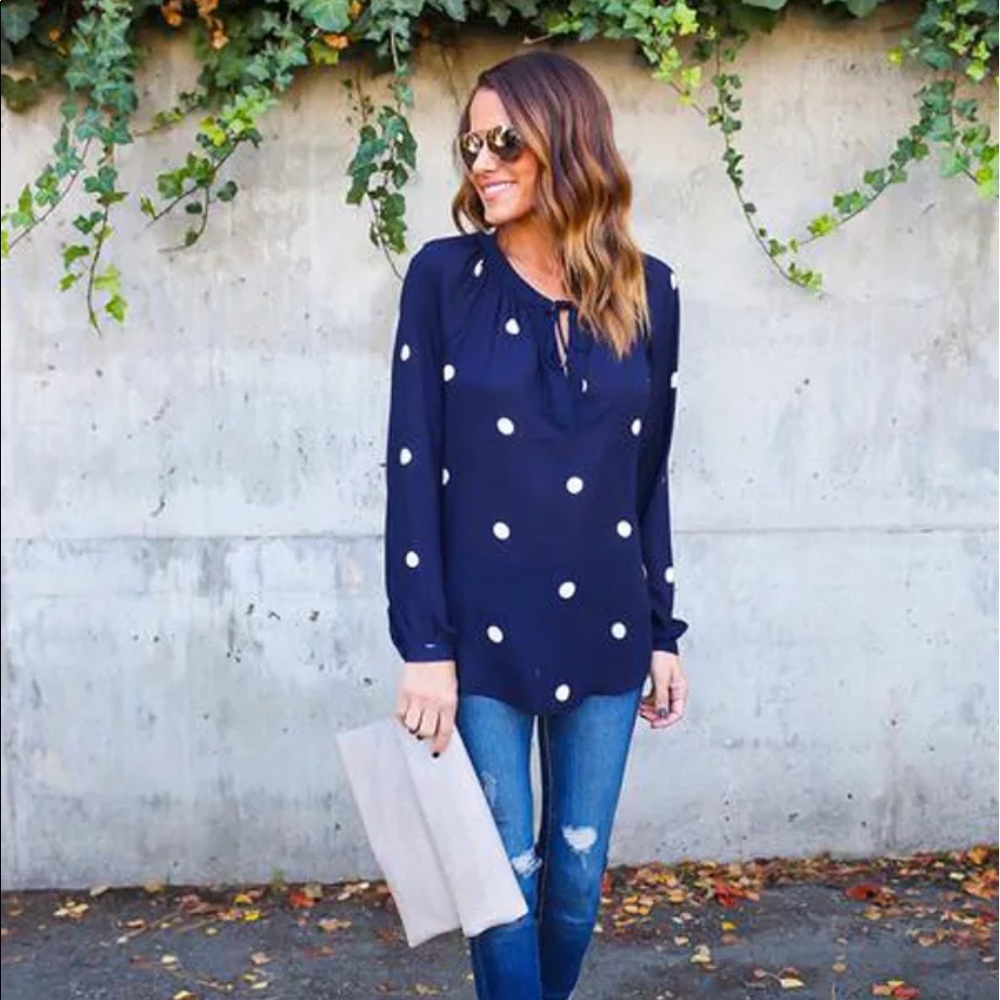 Navy white polka dot pullover see though Blouse - Picture 3 of 8