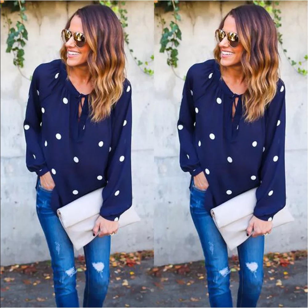Navy white polka dot pullover see though Blouse - Picture 4 of 8