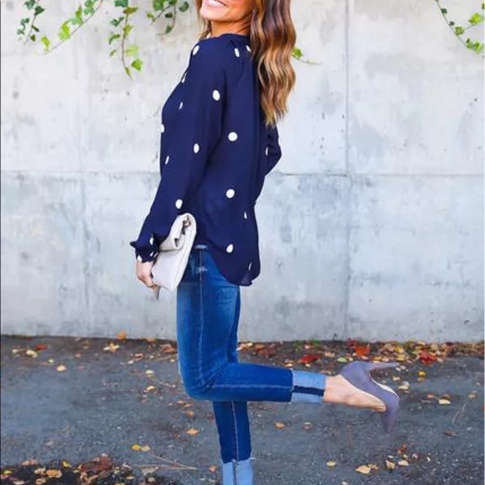 Navy white polka dot pullover see though Blouse - Picture 6 of 8