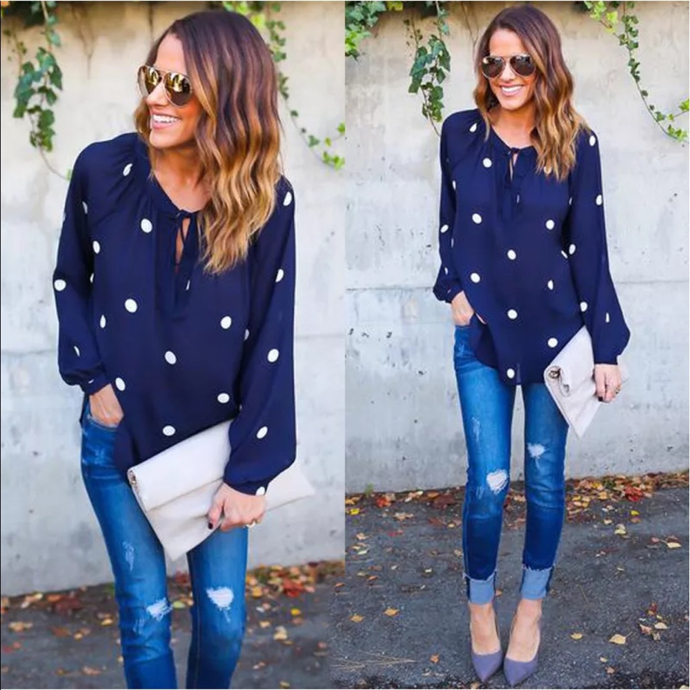 Navy white polka dot pullover see though Blouse - Picture 8 of 8