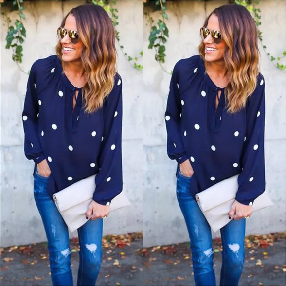 Navy white polka dot pullover see though Blouse - Picture 4 of 8