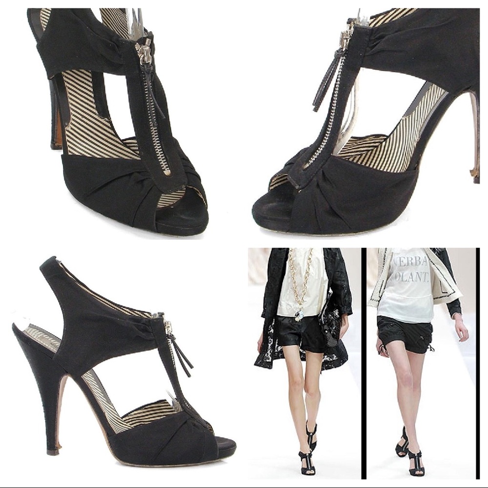 SOLD:MOSCHINO Satin Zipper Front Sandals Heels 7.5