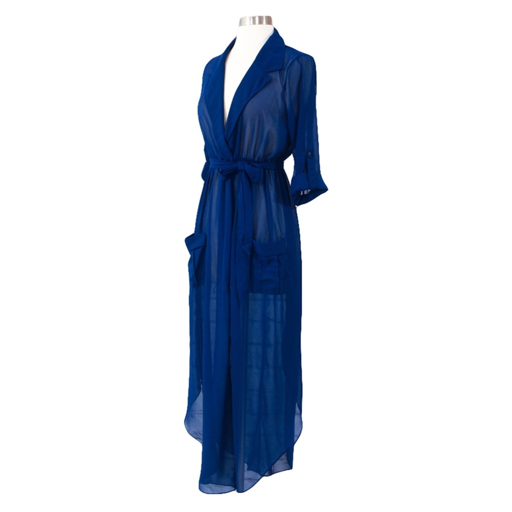 ❗️FINAL PRICE❗Blue Deep V Neck Chiffon Shirt Dress - Picture 6 of 7