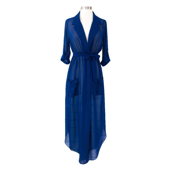 ❗️FINAL PRICE❗Blue Deep V Neck Chiffon Shirt Dress - Picture 5 of 7