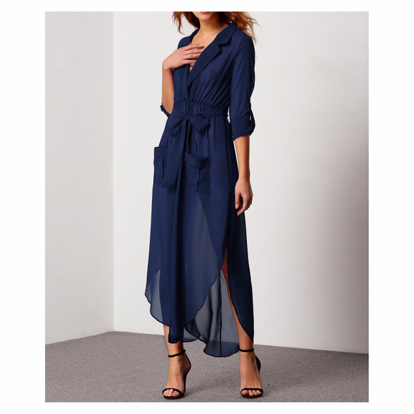 ❗️FINAL PRICE❗Blue Deep V Neck Chiffon Shirt Dress - Picture 2 of 7