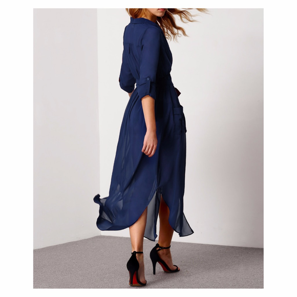 ❗️FINAL PRICE❗Blue Deep V Neck Chiffon Shirt Dress - Picture 4 of 7