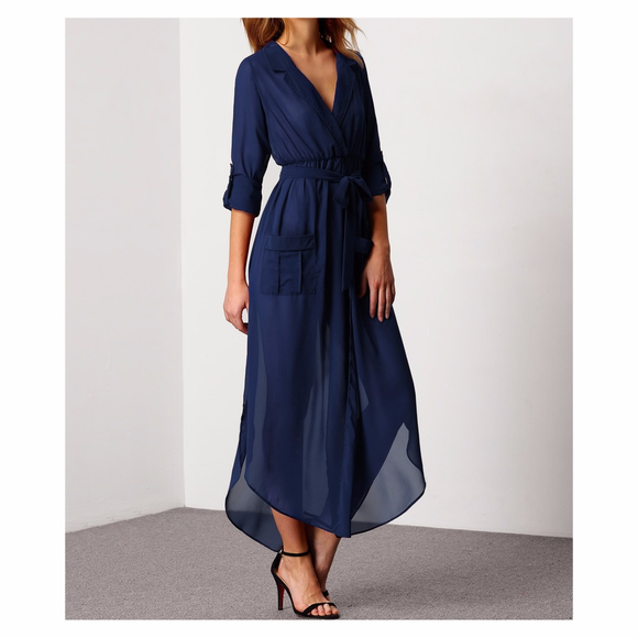 ❗️FINAL PRICE❗Blue Deep V Neck Chiffon Shirt Dress - Picture 3 of 7