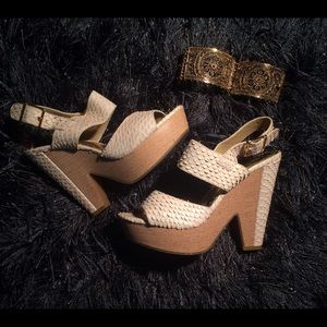 BCBGirls Ivory Snakeskin Chunky Wood Heel Sandal 6