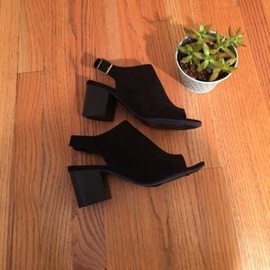 Black sling back peep toe booties with block heel