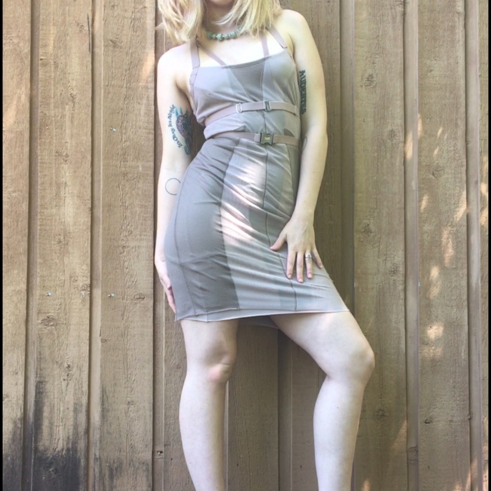 Bcbg MaxAzria tan bodycon dress with buckles