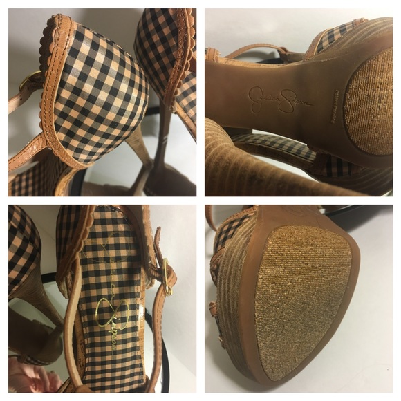 Jessica Simpson Tan and Brown Plaid Peep Toe Heels - Picture 2 of 3