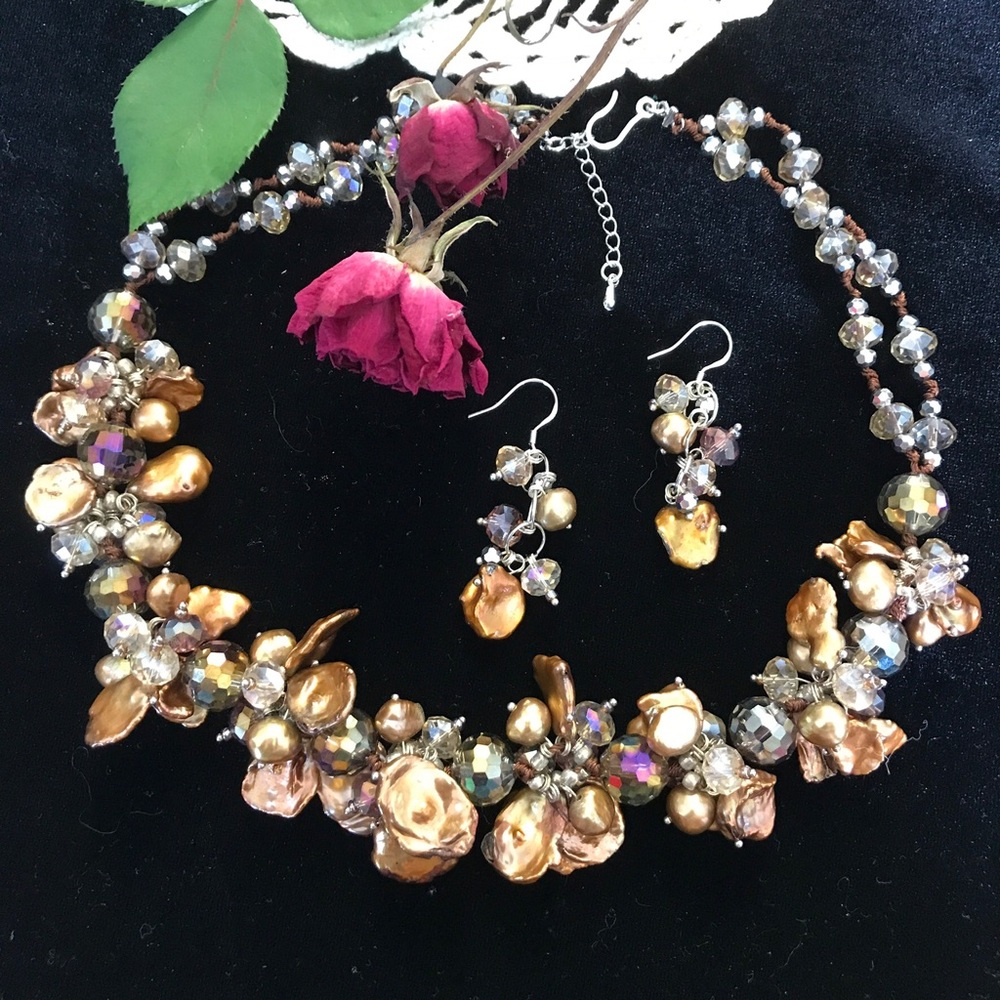 Necklace, Copper Brown Freshwater Pearls,Crystals