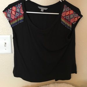Beaded shoulder black blouse