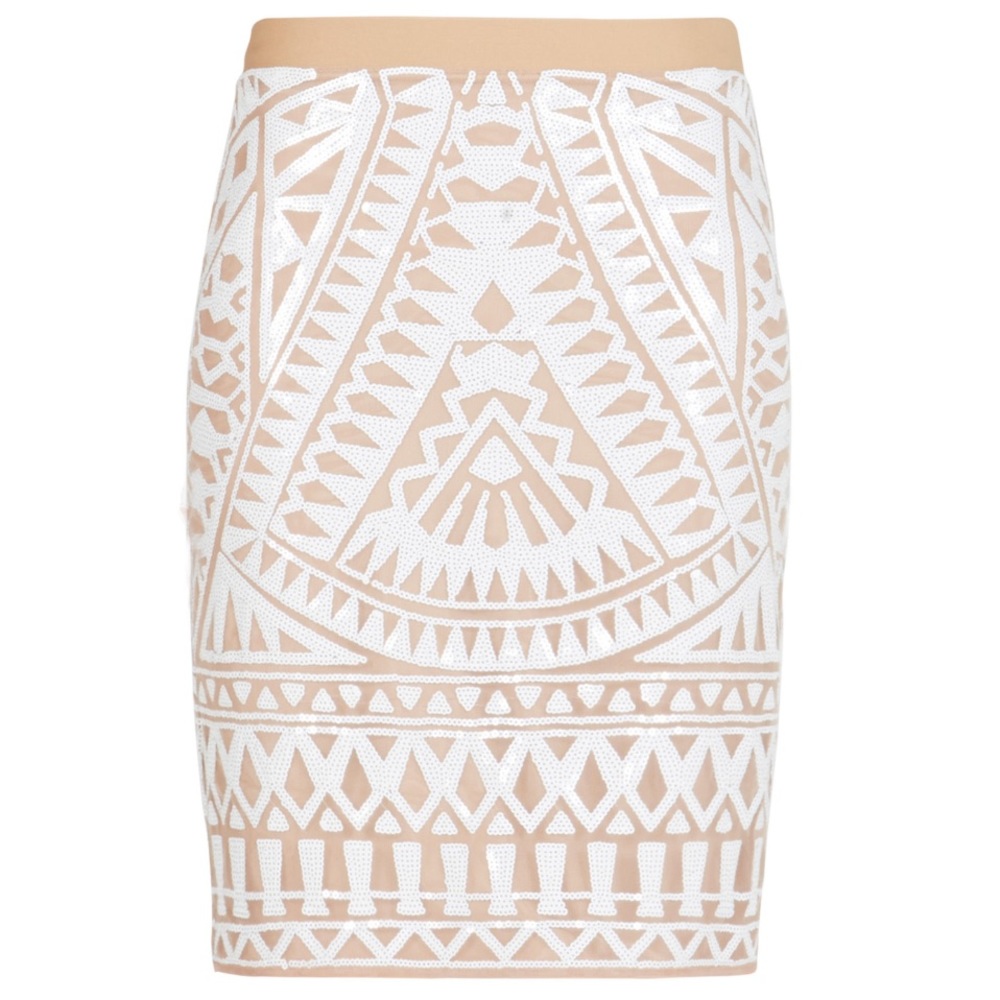 Mosaic Sequined Skirt in Nude Mesh NWOT