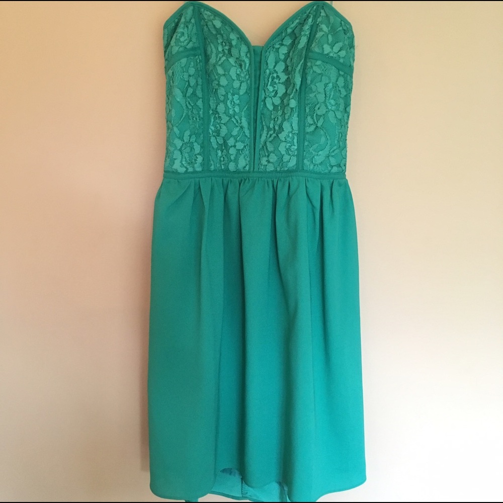 Teal lace bodice sweetheart neckline dress