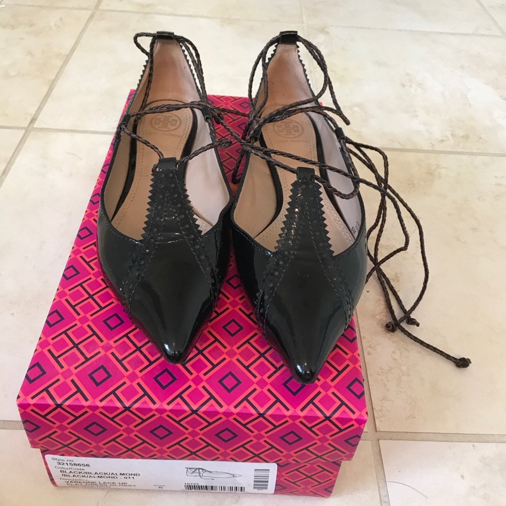 Tory Burch black patent pointy toe lace up flats