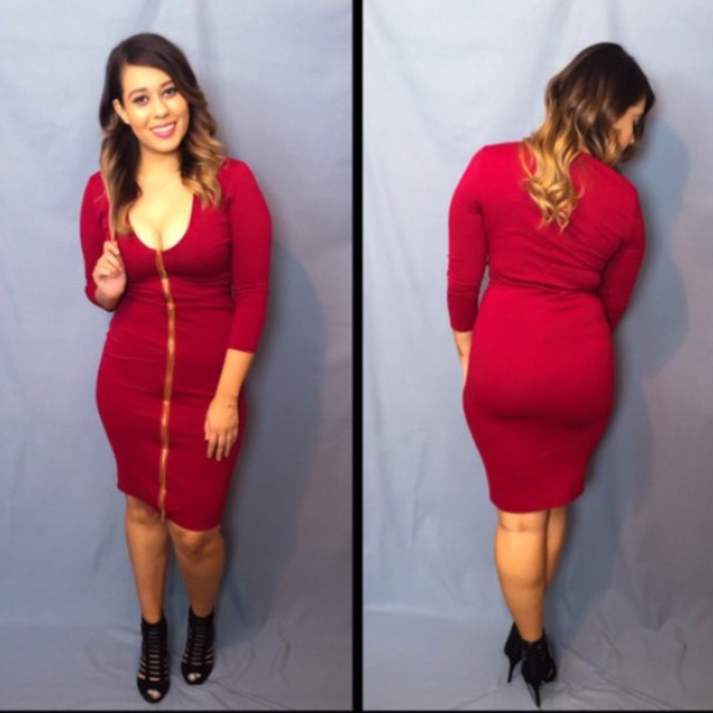 Burgundy zip front pencil dress