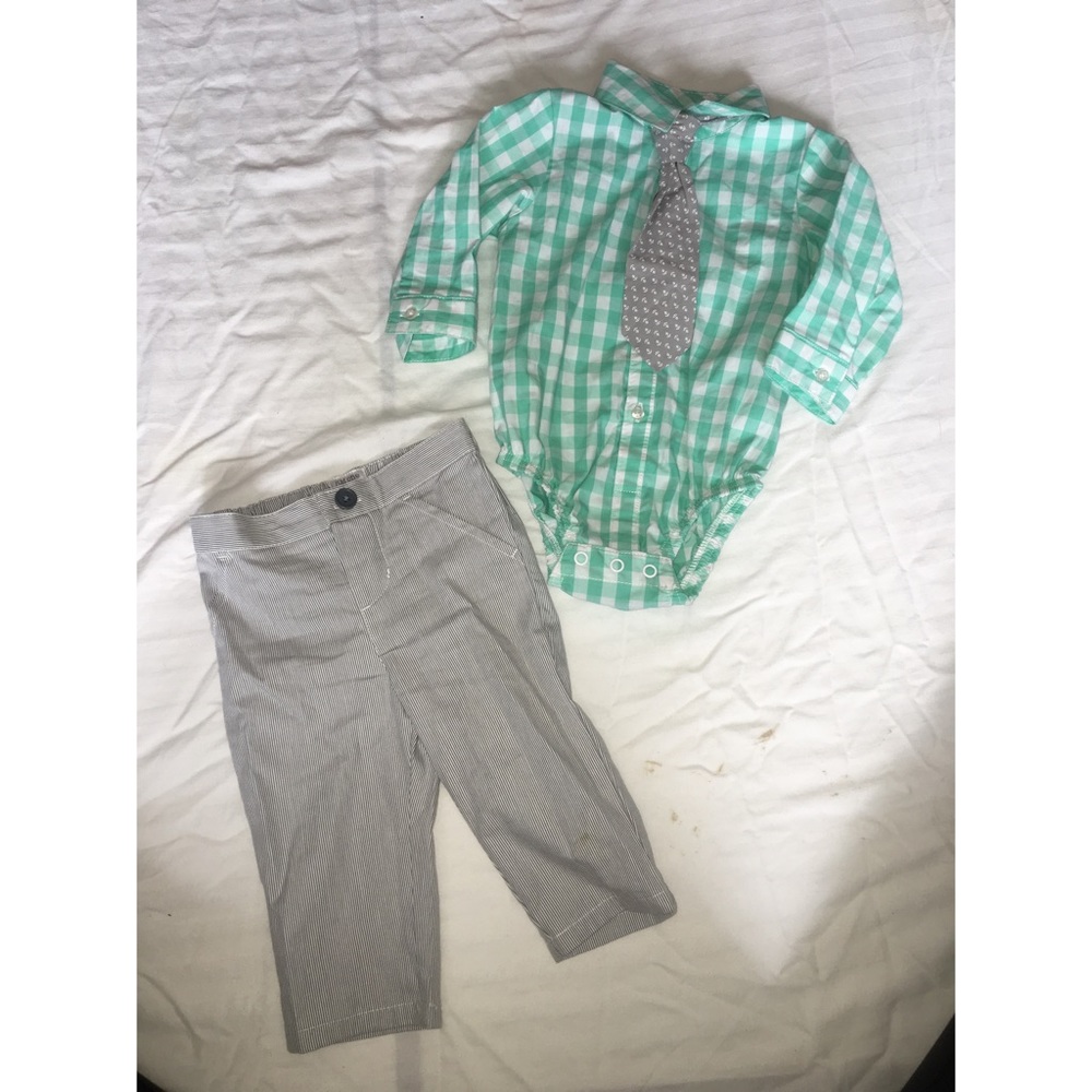 Button up onsie with tie and dress pants