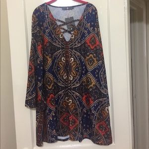 Pink Clove paisley dress lace up neck bell sleeves