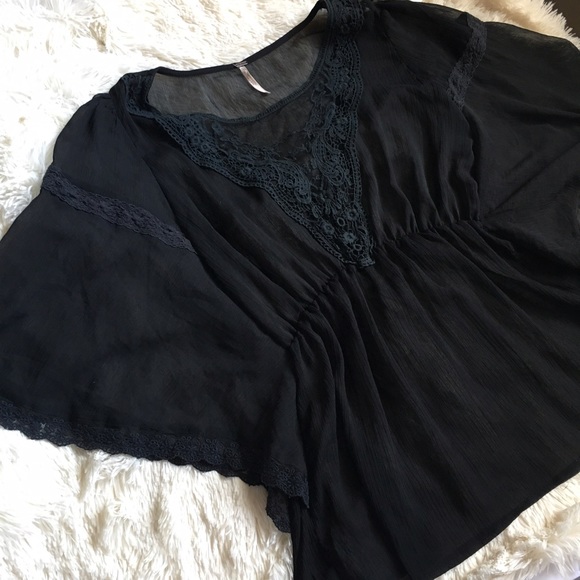 Free People Tops - Free People Black Sheer Lace Batwing Top