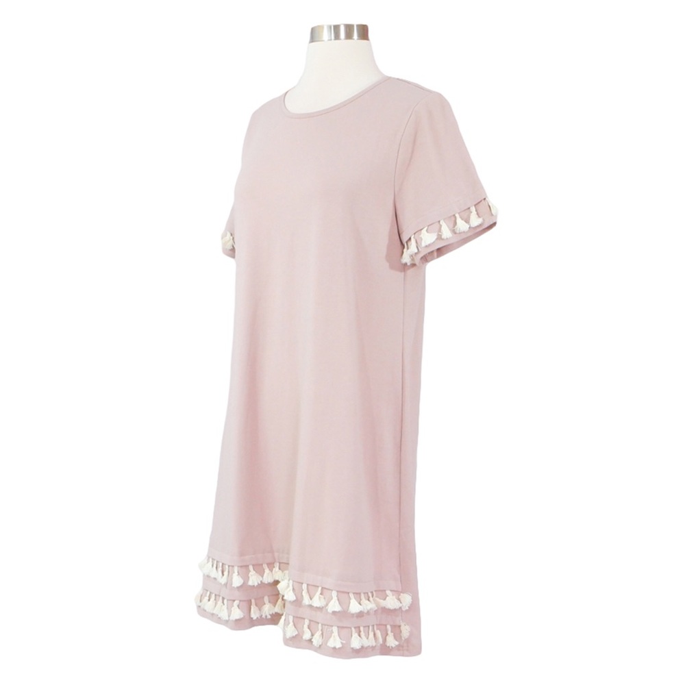 Beige and White Short Sleeve Tassel Shift Dress - Picture 6 of 8