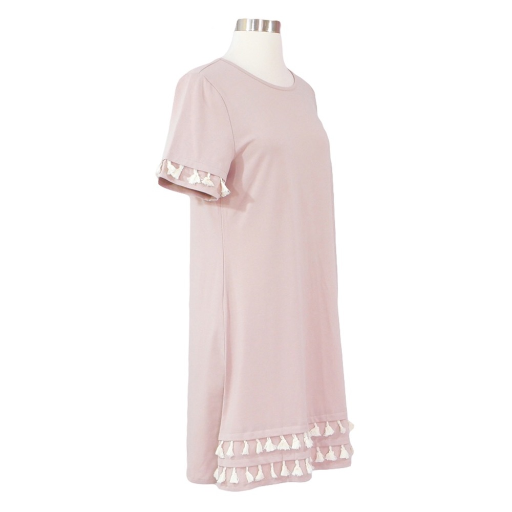 Beige and White Short Sleeve Tassel Shift Dress - Picture 7 of 8