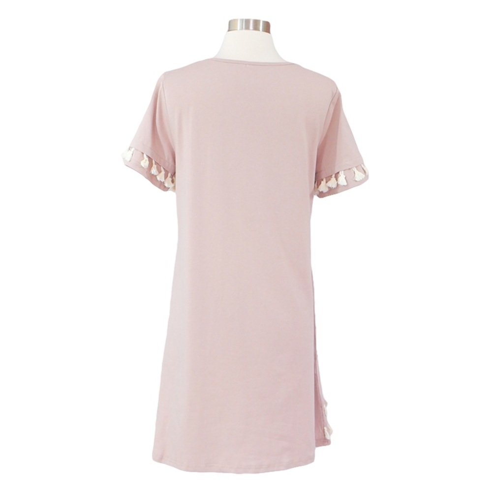 Beige and White Short Sleeve Tassel Shift Dress - Picture 8 of 8