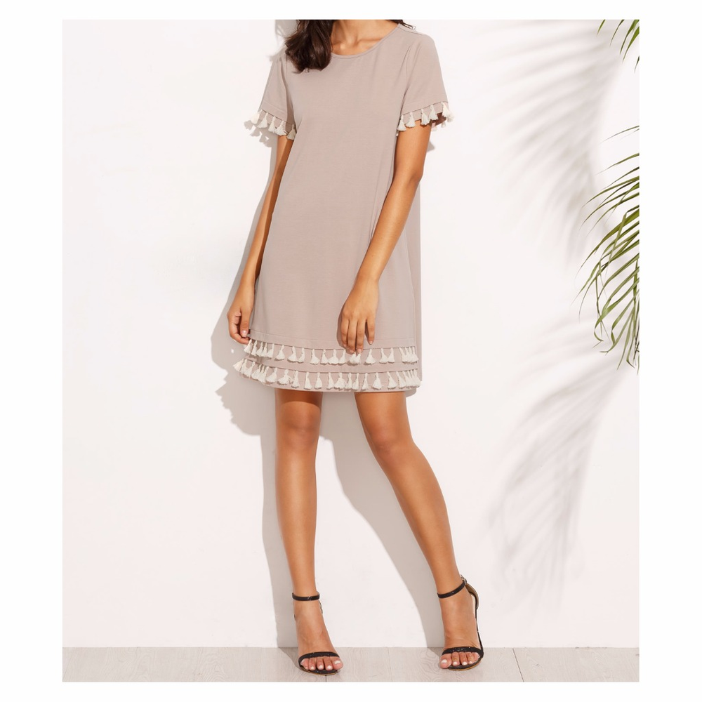 Beige and White Short Sleeve Tassel Shift Dress - Picture 4 of 8