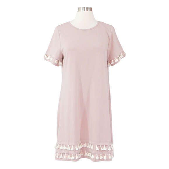 Beige and White Short Sleeve Tassel Shift Dress - Picture 5 of 8