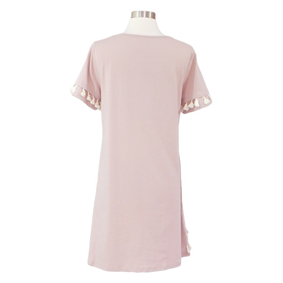 Beige and White Short Sleeve Tassel Shift Dress - Picture 8 of 8