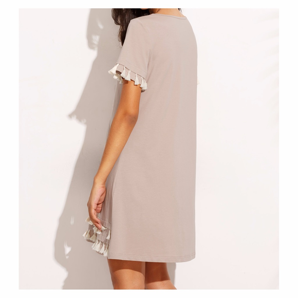Beige and White Short Sleeve Tassel Shift Dress - Picture 3 of 8