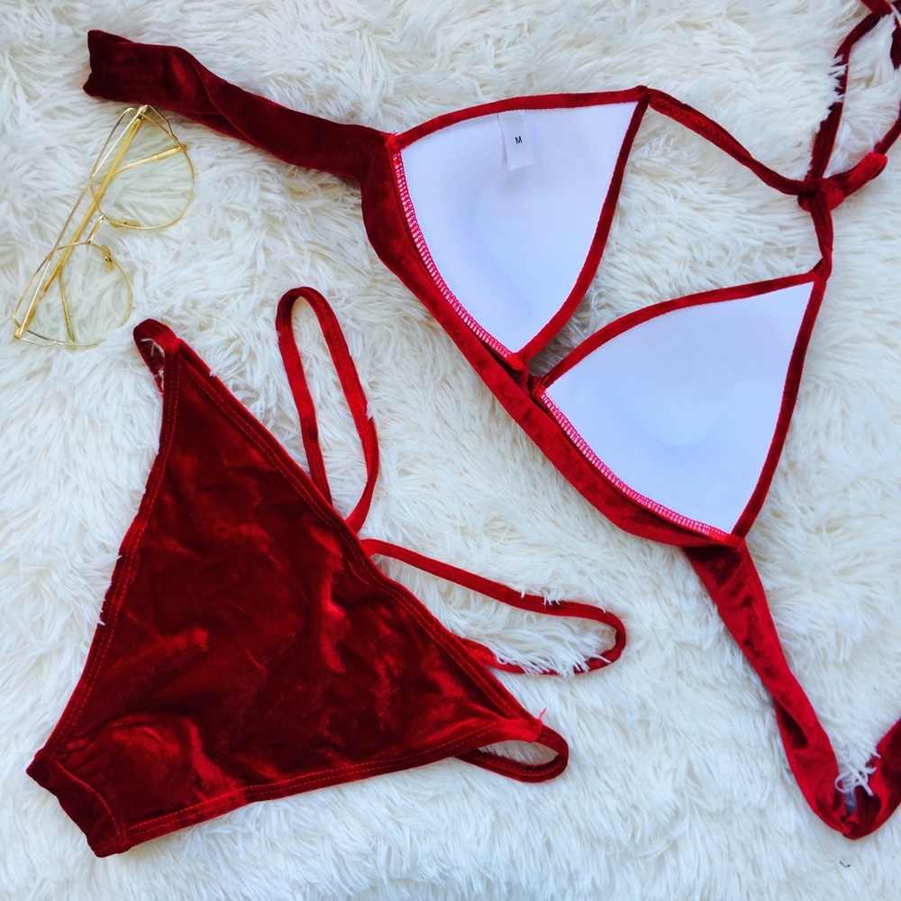"Scarlett" Red Velvet Pushup Strappy Halter Bikini - Picture 6 of 7