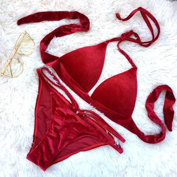 "Scarlett" Red Velvet Pushup Strappy Halter Bikini - Picture 4 of 7