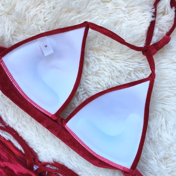 "Scarlett" Red Velvet Pushup Strappy Halter Bikini - Picture 5 of 7