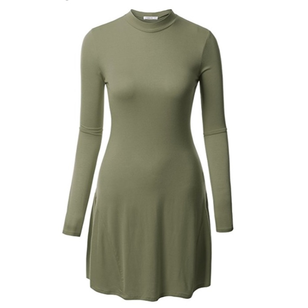 Long sleeve mock neck dress with flare hem