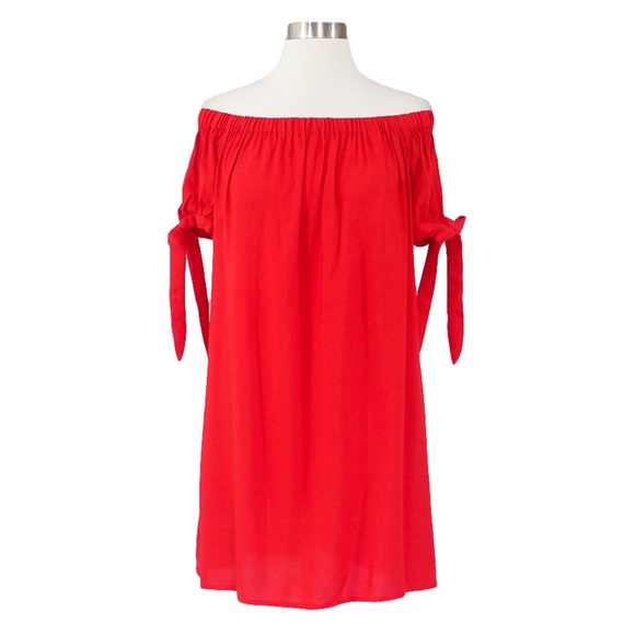 ❗️LAST ONE ❗️Red Off the Shoulder Bow Shift Dress - Picture 5 of 8