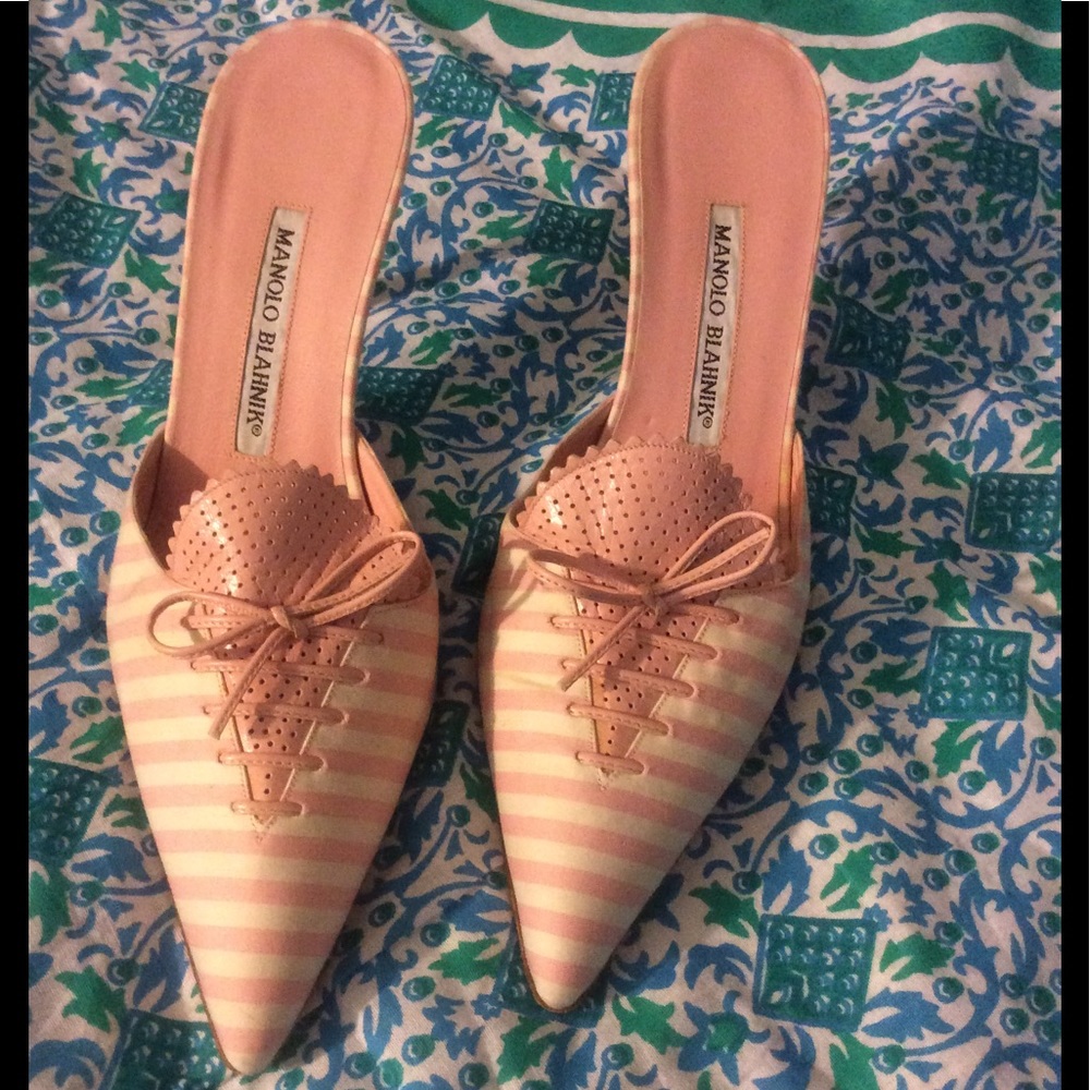 Light pink and white Manolo Blahnik mules