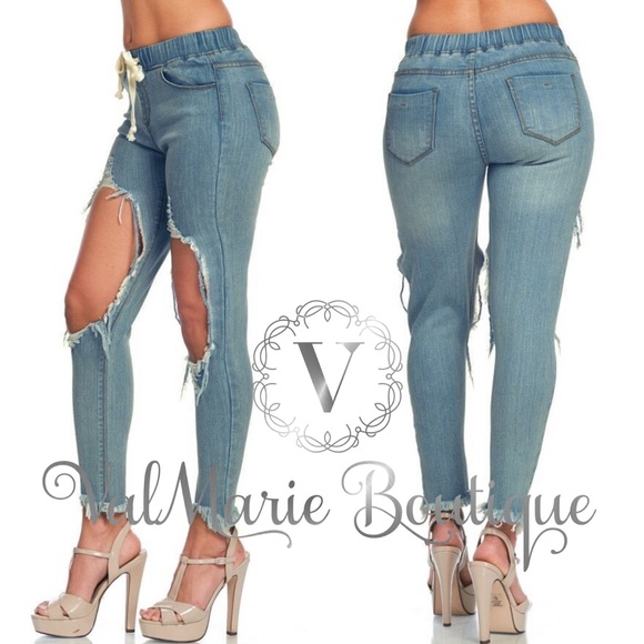 Cropped Ankle Destroyed Denim Joggers - Picture 2 of 2